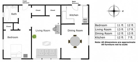 Floor plan for 1 bed, 1 bath